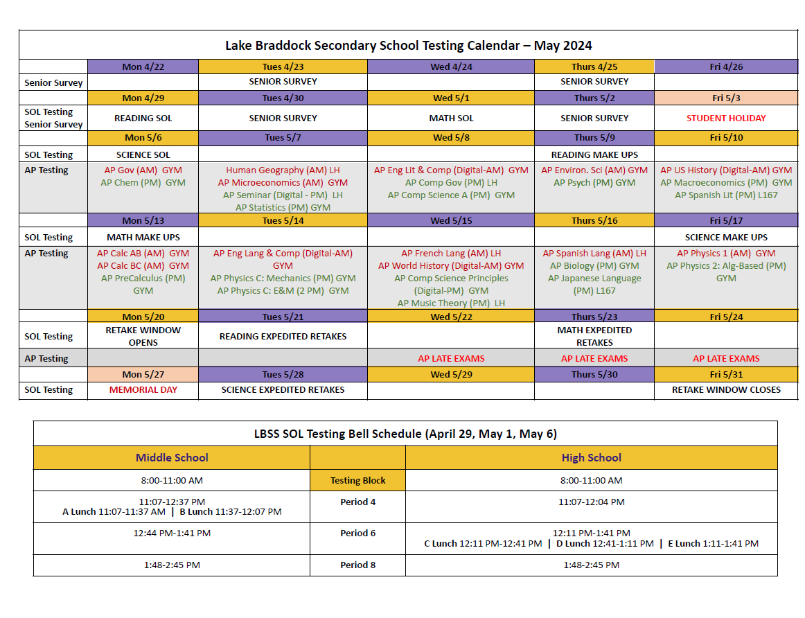 SOL Schedule and General Information Lake Braddock Secondary School